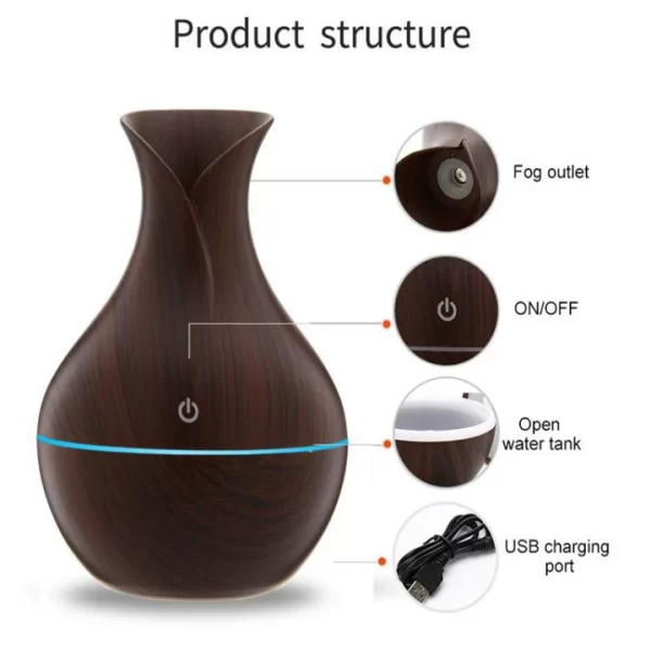 Wood Vase Rechargeable Ultrasonic Mute Colorful Humidifier Spray (Brown Wood Color) - Image 2