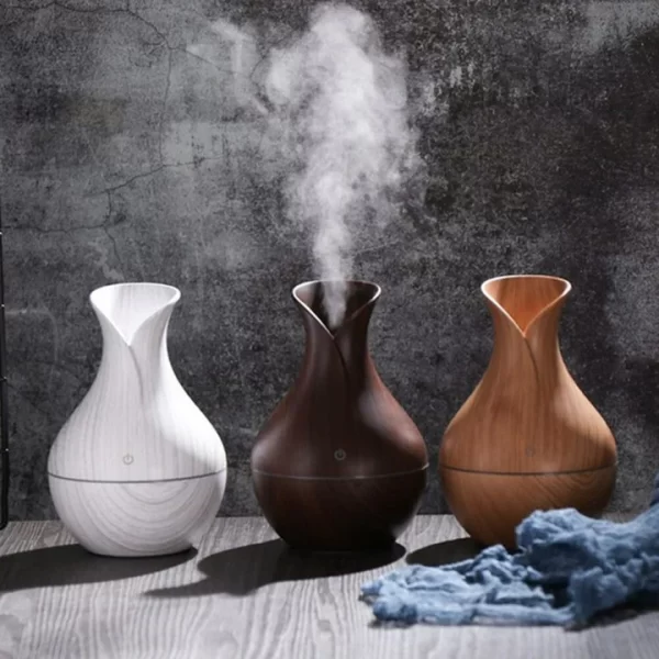 Wood Vase Rechargeable Ultrasonic Mute Colorful Humidifier Spray (Brown Wood Color)